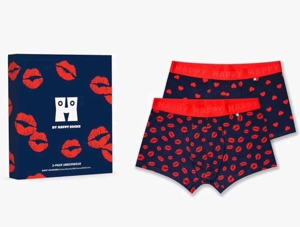 Men's 2-pack Short Boxers Gift Set Hearts Lips Size XL Happy Socks NEW Kiss My